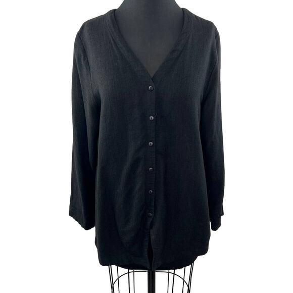 Vintage USA Eileen Fisher Black Stretch-Linen Button-Up Long Sleeve Shirt 1 S - Picture 1 of 7